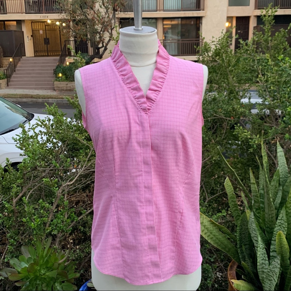BROOKS BROTHERS Gingham Plaid Sleeveless Button Down Shirt Ruffle Collar EUC